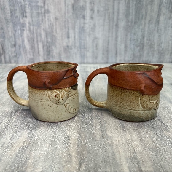 2 Face Mugs Man & Woman Art Pottery UCTICI Gempo Japan Moustache Vtg 3D - Picture 4 of 9